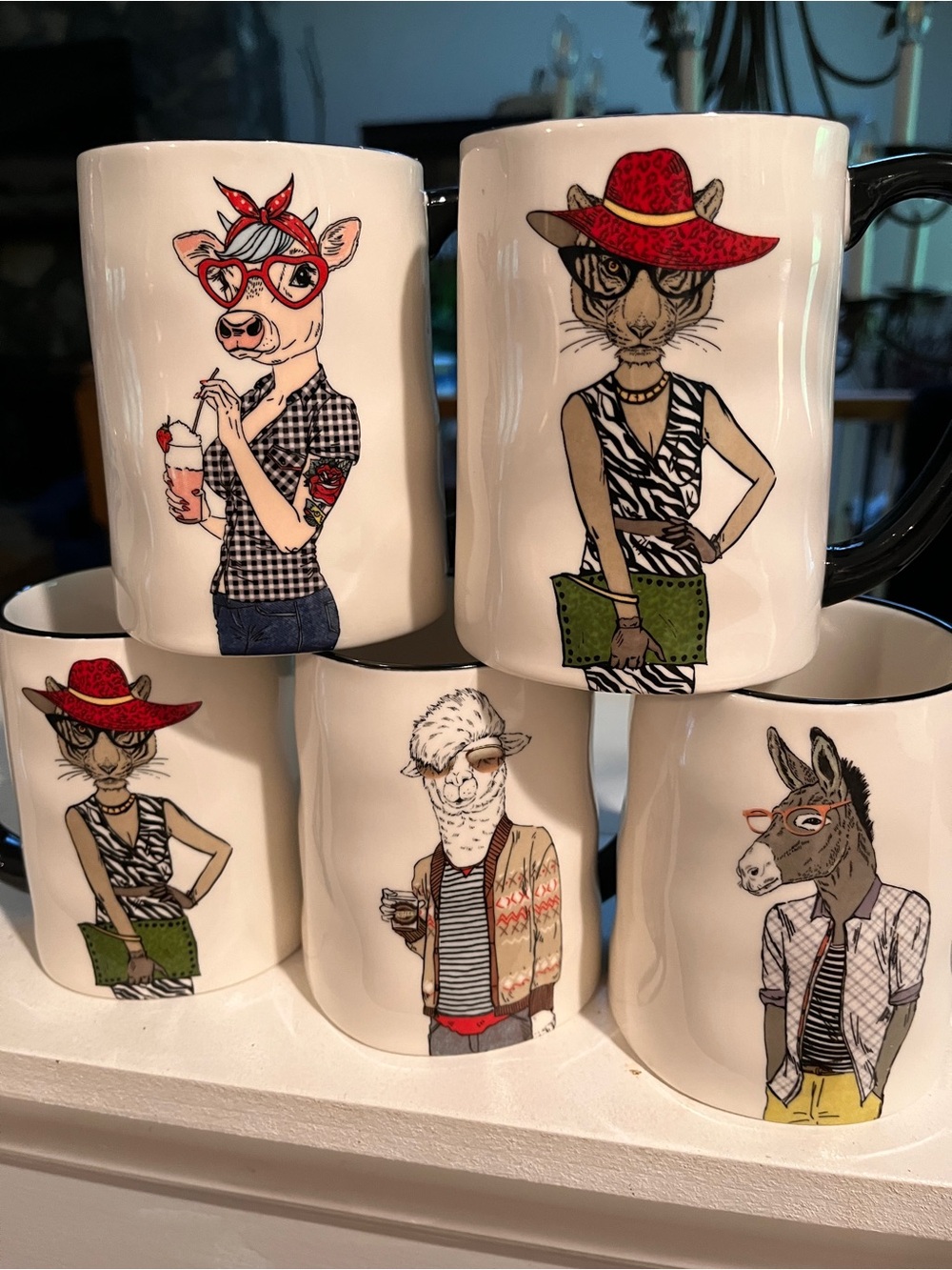 White Ceramic Mug with Fashionable Animal Character - Multicolor Accents